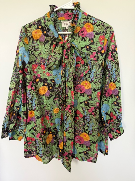 Mille Tops - Mille Black Floral Tie-Neck Blouse with Multicolor Botanicals LB004-010